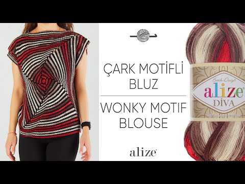Alize Diva Batik ile Çark Motifli Bluz • Wonky Motif Blouse • Блузка с мотивом шаткий квадрат
