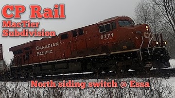 SPINE CARS! CP Rail MacTier Subdivision @ Essa 8771 North DPU 8034 and 8953 trailing. Feb.2,2022