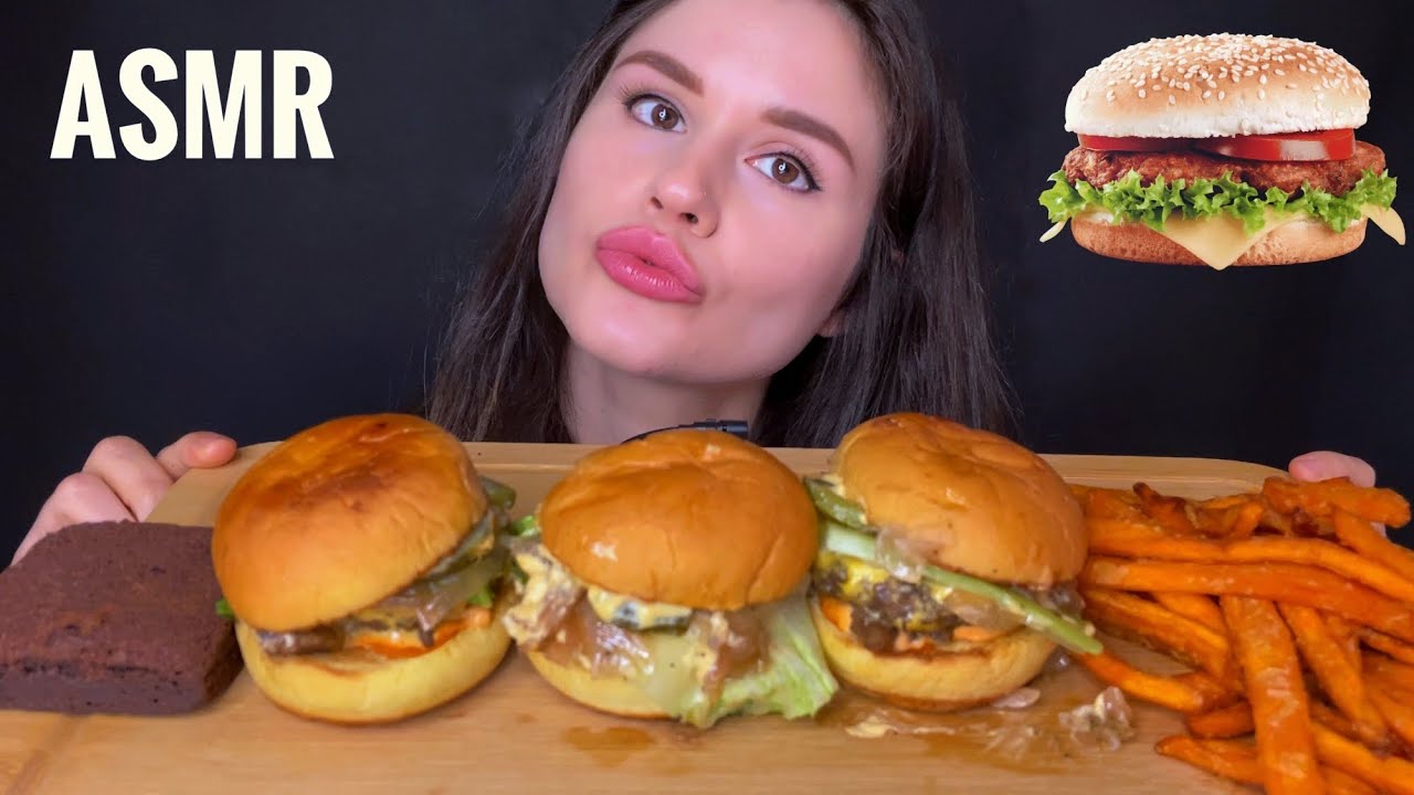 ASMR BURGER 🍔 SLIDERS + FRIES & BROWNIE MUKBANG No Talking EATING ...