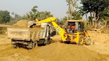 Amazing!!!  Full Loading - Yello JCB Backhoe Loading Mud in Four White Dump Truck - JCB 3Dx Eco