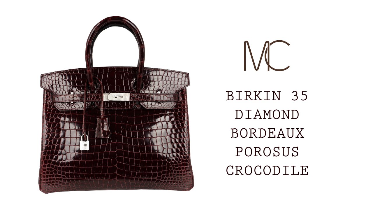 Hermes Birkin 35 Bag Diamond Bordeaux Porosus Crocodile with White