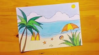 رسم فصل الصيف || رسم شاطئ البحر || رسم منظر طبيعي لفصل الصيف || رسم شاطئ || رسم بحر || رسم سهل || 4