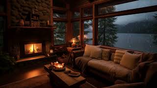 Lakeside Cozy Cabin Ambience | Gentle Rain Falling and Relaxing Fireplace for Meditation & Sleep