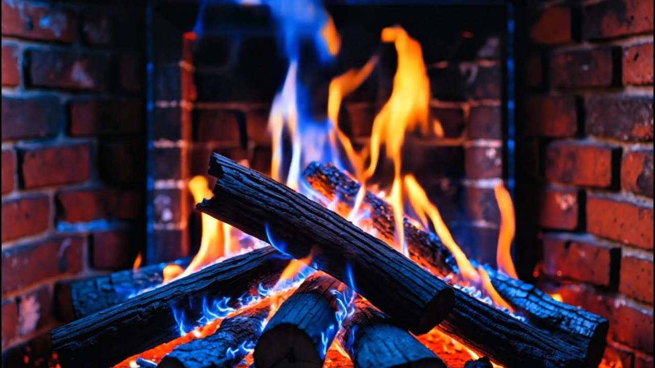 [12 Hours] Blue and Amber Flames Dancing Gently in a Quiet Brick Fireplace at Night