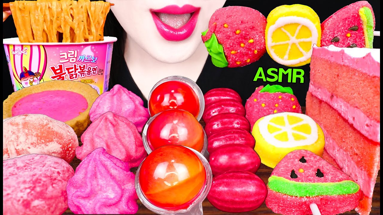 ASMR PINK FOODS *BUBBLE GUM, MARSHMALLOW, JELLY GUMMY 크림 까르보 불닭, 버블껌