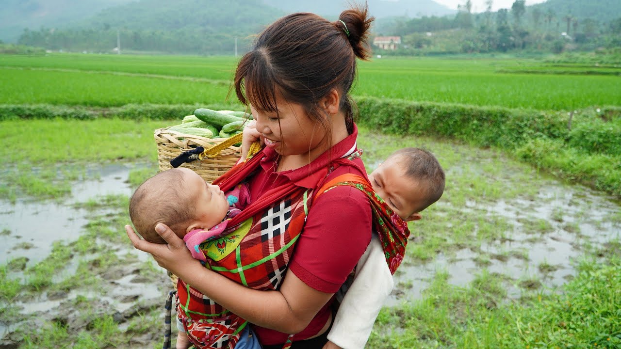 Single mother, Harvesting green vegetables to sell at the market, Finishing bamboo floors, Cooking