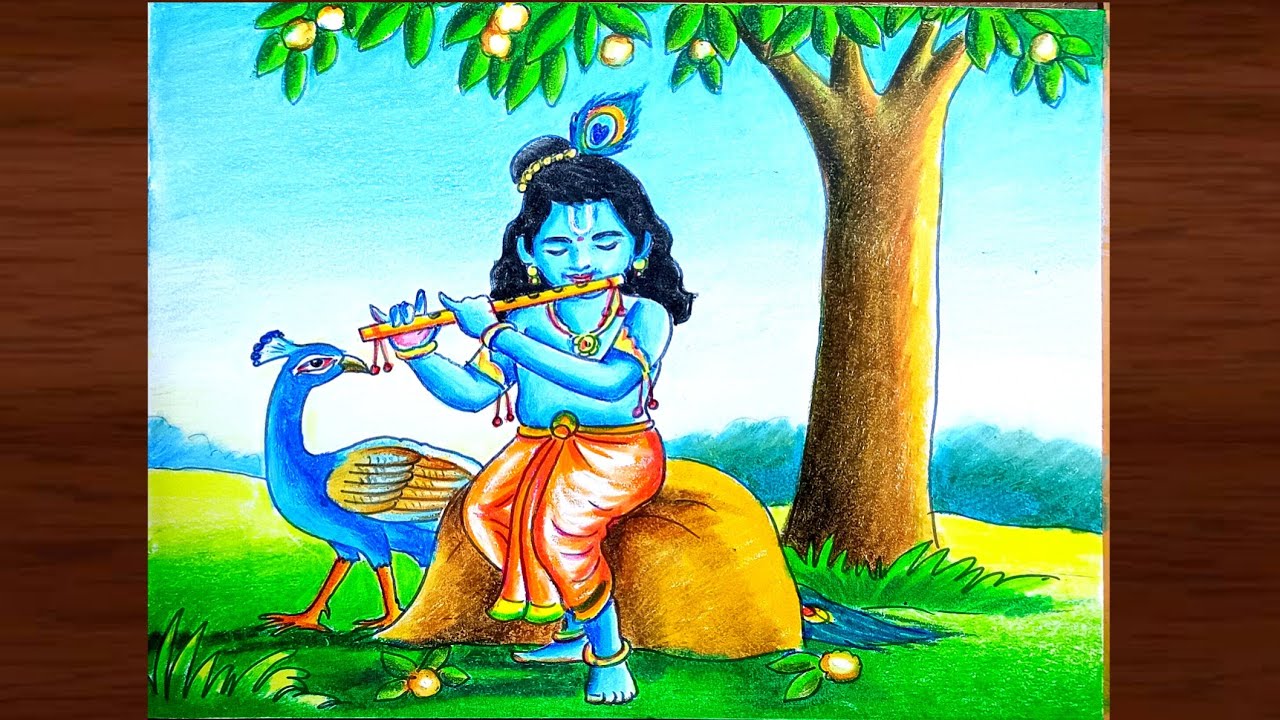 Bal Krishna scenery drawing step by step/Little krishna scenery ...