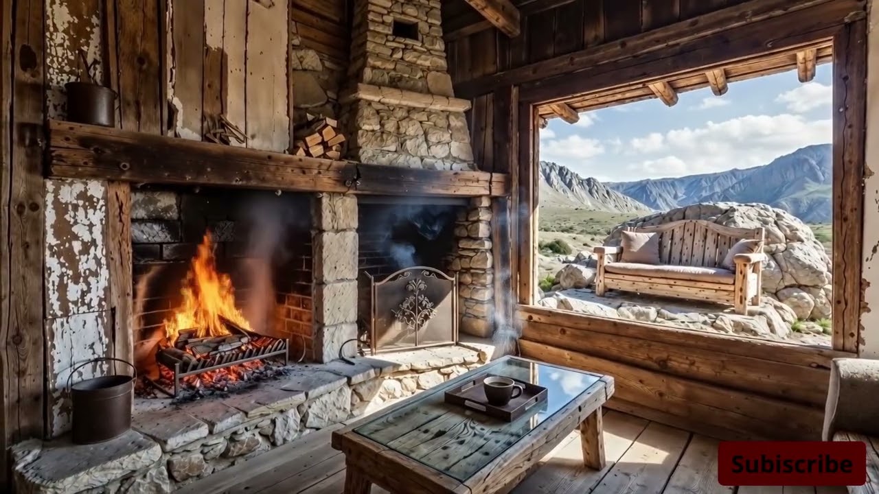 Rustic Mountain Cabin Fireplace — Cozy Jazz & Ambient Calm 🔥🏔️