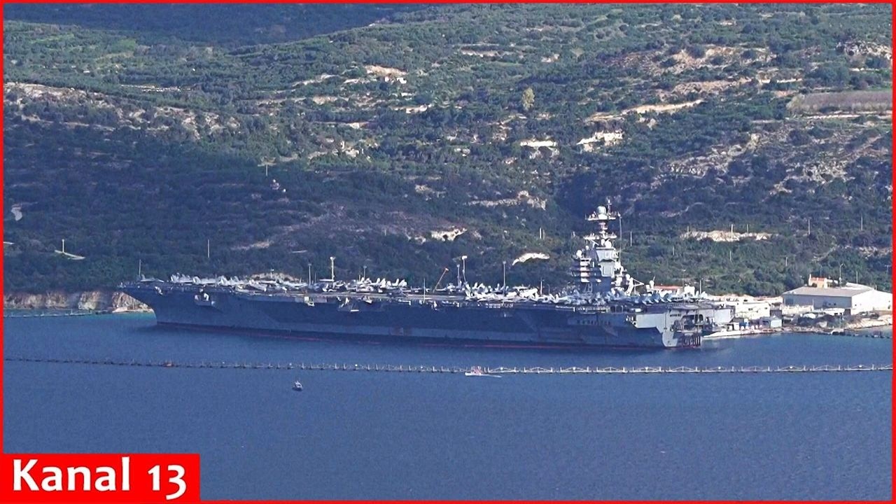 US aircraft carrier USS Gerald R. Ford docked at naval base on Greek island of Crete
