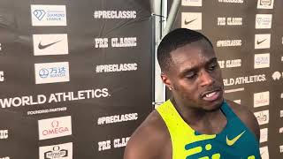 Christian Coleman after winning the Pre Classic in 9.83 and defeating Noah Lyles in 100m