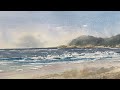 Easy watercolour beach with ocean wave - watercolor landscape painting tutorial for beginners