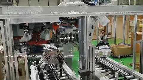 Automobile part assembly machine line with robot hand ABB opertation video