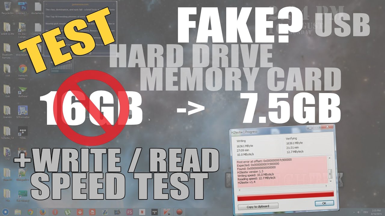 FAKE TEST + READ & WRITE SPEED TEST FOR MEMORY CARD/USB/HARD DRIVES(h2testw) - YouTube