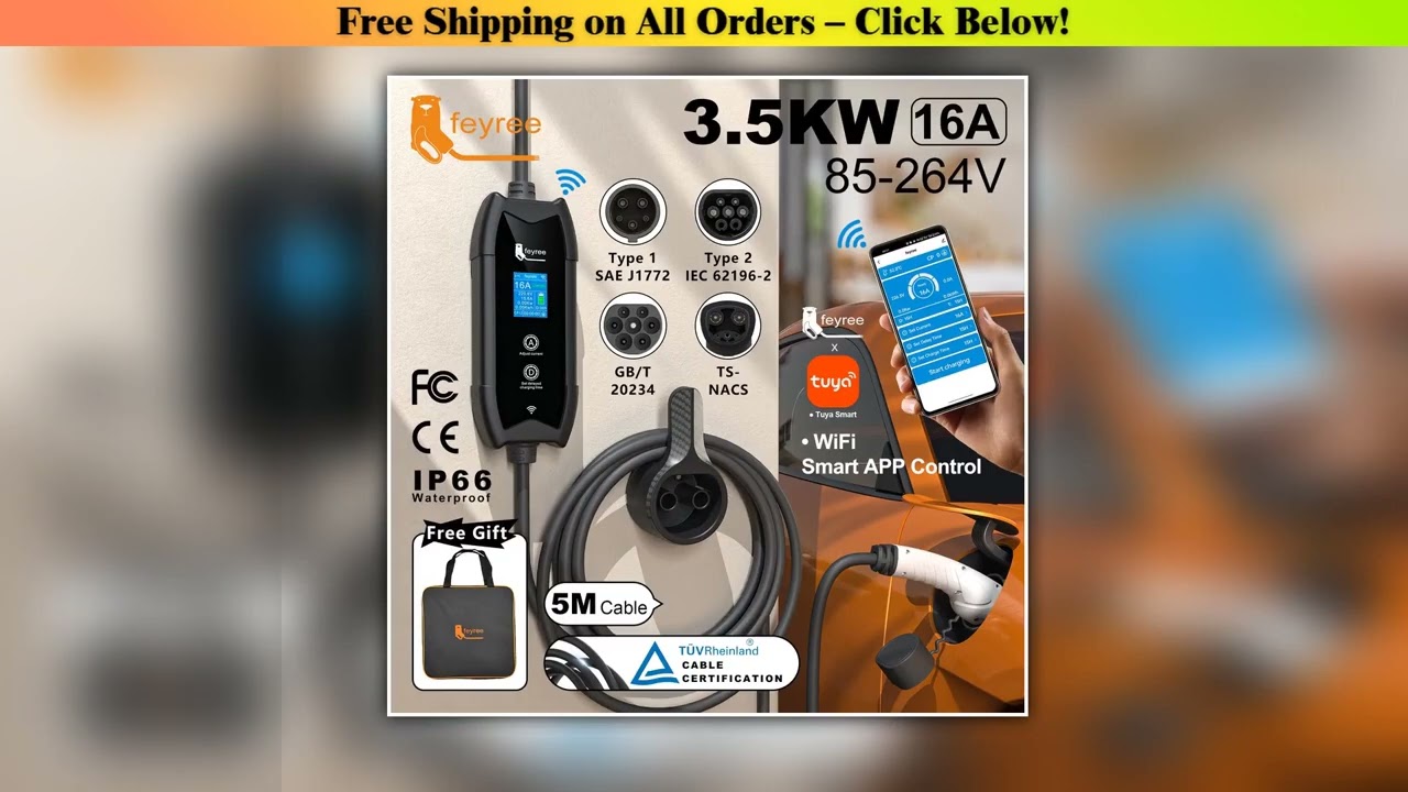 feyree Type2 EV Charger WIFI APP Control 16A 3.5KW GBT 5M Cable Type1 Portable Charging Box Set