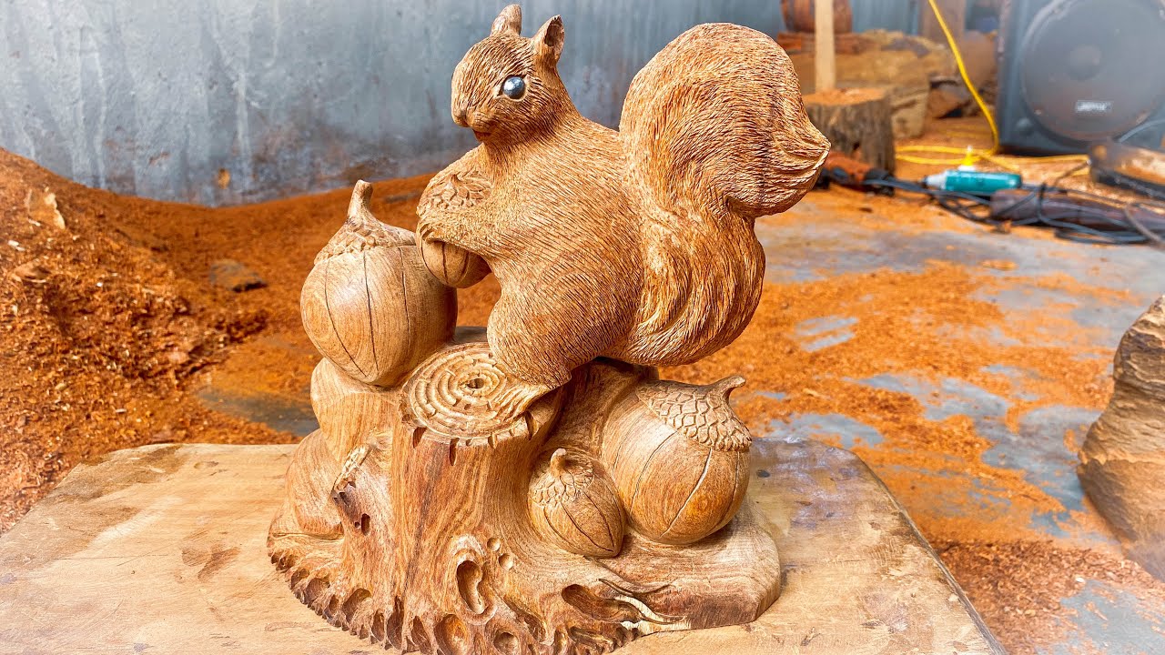 Wood Carving Art / Skillfully Carving a Squirrel From a Waste Log Tinh Woodworking Art YouTube