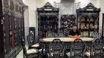 Review đồ gỗ cẩn ốc xà cừ phòng khách nhà em | Bộ bàn ăn 10 ghế, tủ rượu, bàn ăn tròn, tủ áo xưa