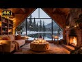 Relaxing Winter Jazz for Reading ❄️ Magical Lakeside Library Ambience with Snow & Warm Fireplace,