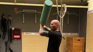 Indian Clubs Hungary - shoulder training with a big wooden mace (Karla-Kattai)