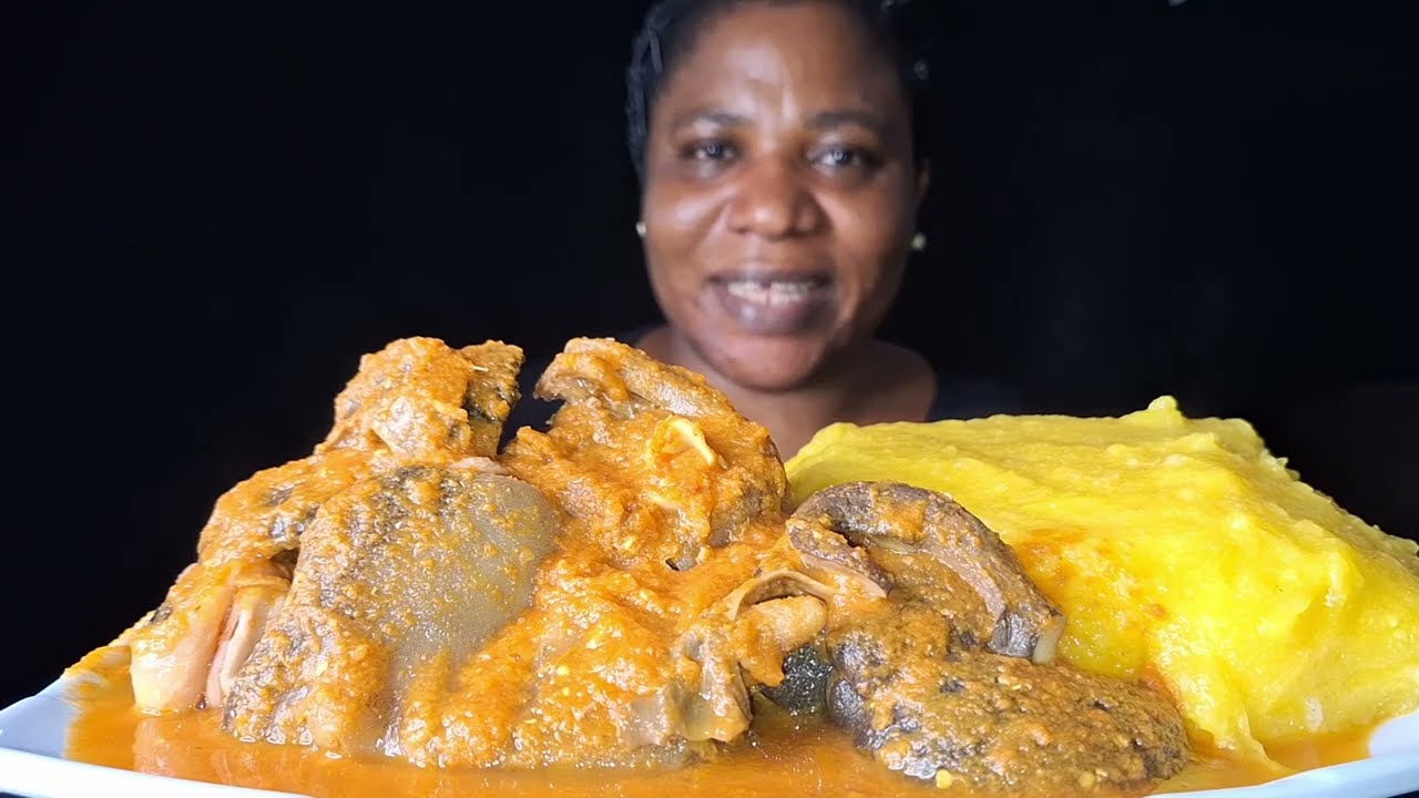 Nigeria food ASMR mukbang goat meat tomato pepper soup with stash 