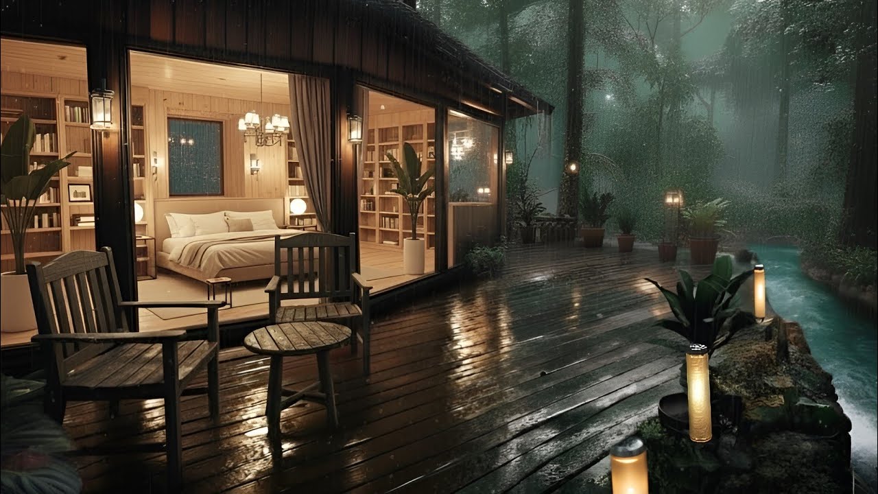 NO ADS Cozy Forest Cabin in Heavy Rain 🌧️ | Relaxing Rain Sounds for ...