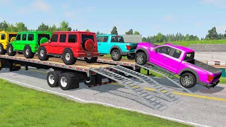 Flatbed Trailer Mercedes Cars Transportation with Truck  Speed Bumps vs Car | #06  BeamNG.Drive