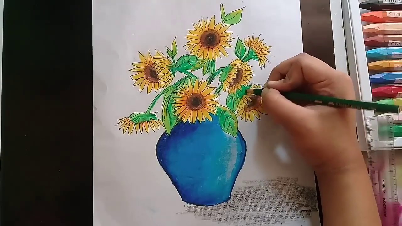 How To Draw Sunflowers Step By Step / Sunflower In A Pot / Easy Flower Draw  With Oil Pastel - Youtube
