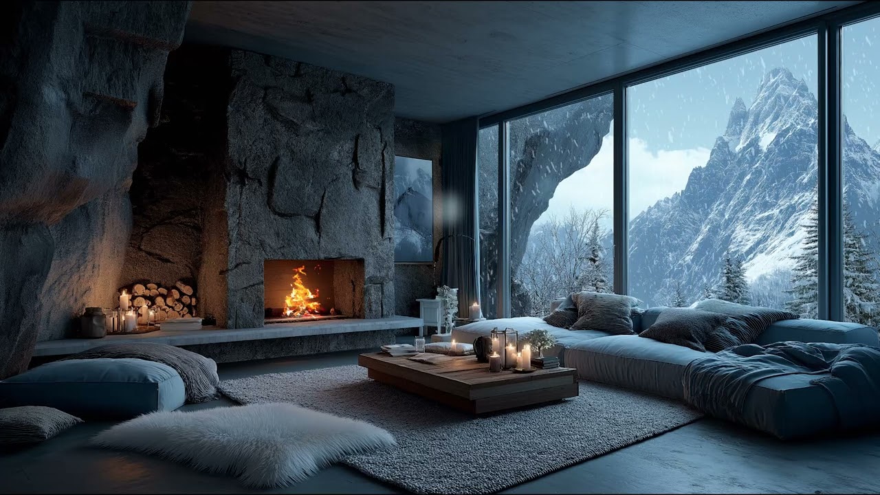 Peaceful Winter Fireplace Scene with Snow Falling Outside and Soft Piano for Deep Rest