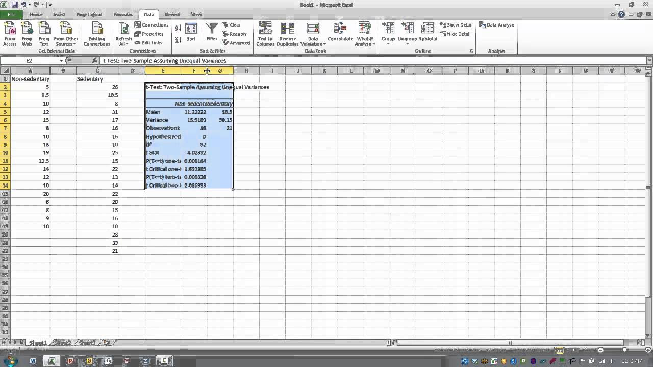 two-sample assuming unequal variances on excel for mac