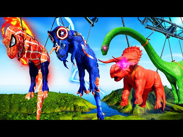 🌍 Spiderman Tyrannosaurus Vs Captain America Ultimasaurus Dinosaurs Fight  🌍Jurassic World Evolution class=