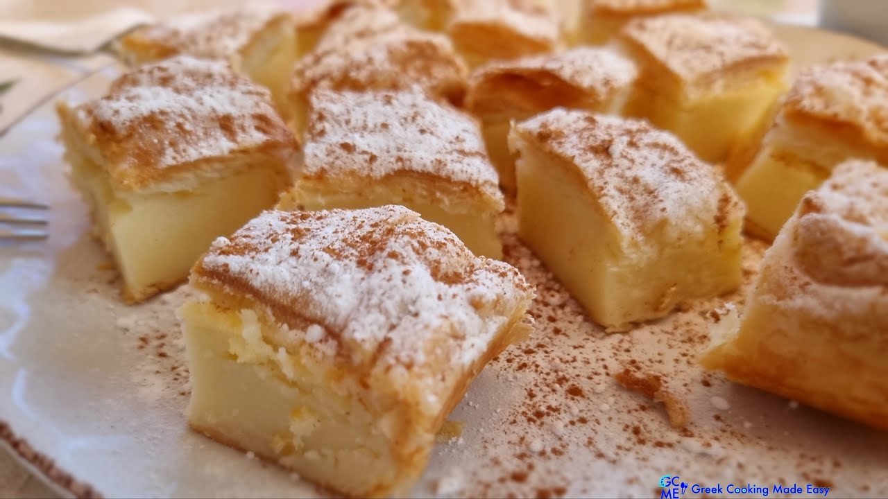 Easy Greek Bougatsa Creamy Custard Pie w/Puff Pastry No Eggs -     .
