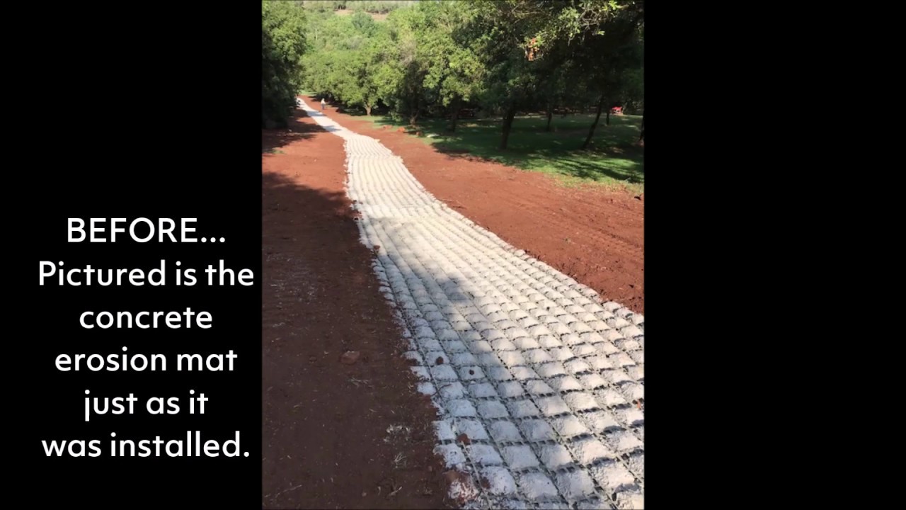 A demonstration of how easy it is  to mow over vegetated flexible concrete erosion mats.