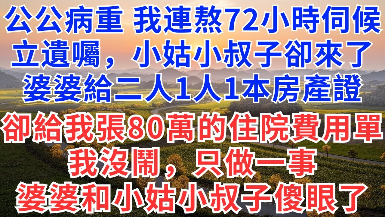 公公病重，我連熬72小時伺候，立遺囑，小姑小叔子卻來了，婆婆給二人1人1本房產證，卻給我1張80萬的住院費用單，我沒鬧，只做一事，婆婆和小姑小叔子傻眼了！