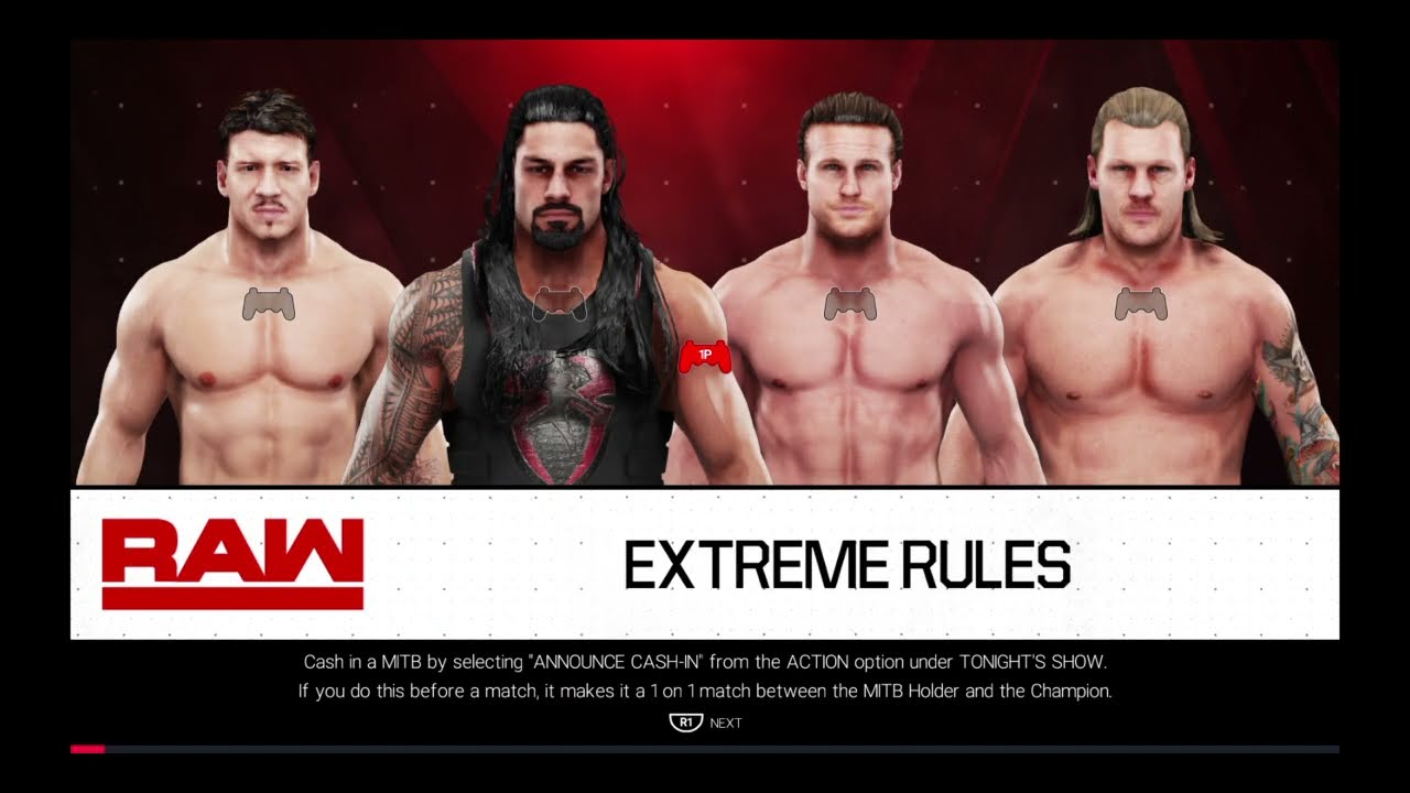 Матч WWE 2K19 Fatal 4 Way Extreme Rules: Эдди Герреро, Роман Риенг, Дольф Зиглер и Крис Джерико.