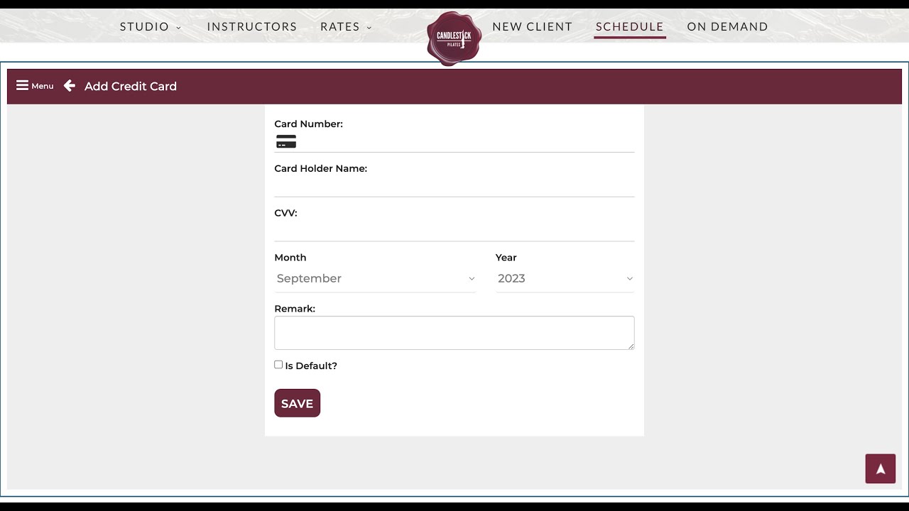 Candlestick Pilates site Adding Credit Card to your Account