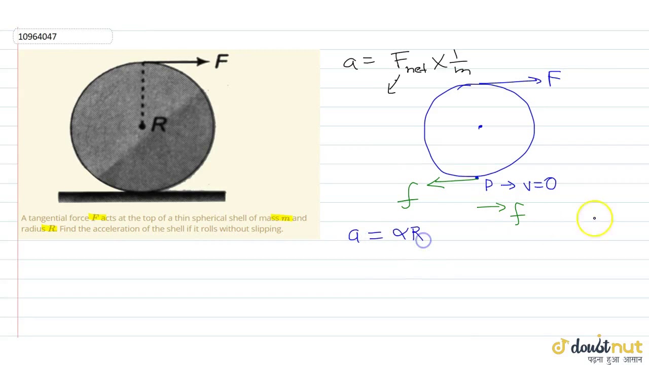 A tangential force `F` acts at the top of a thin spherical shell of mass `m` and radius `R`.