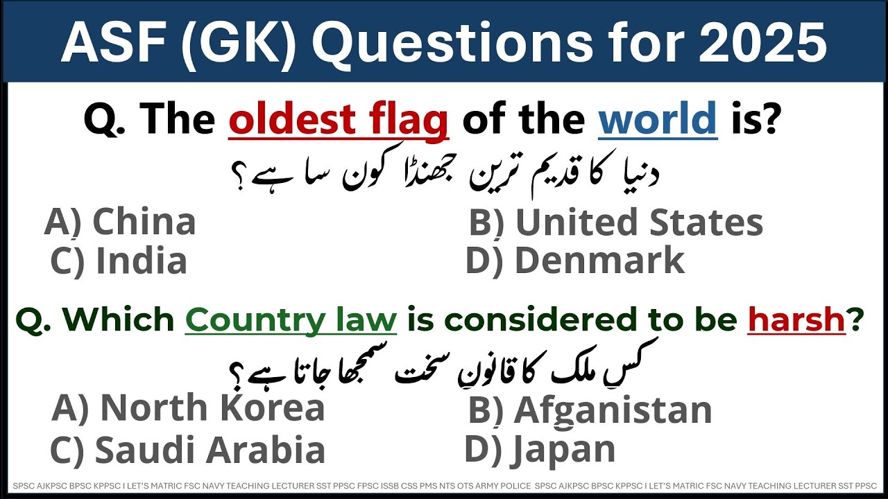 ASF General Knowledge Questions for Upcoming Posts 2025 | Assistant, Sub Inspector, ASI etc..