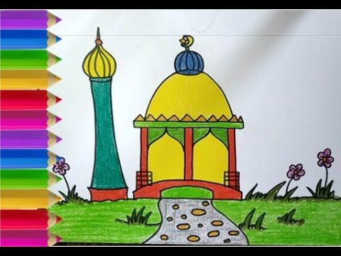 Cara Menggambar dan Mewarnai  Masjid Untuk Anak SD  Mudah  