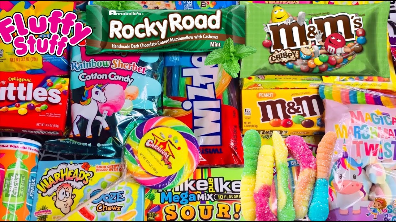 NEW RAINBOW GREEN SNACKS CHRISTMAS COTTON CANDY CANES SOUR BELTS M&M'S CHOCOLATE CANDIES POPS CHIPS