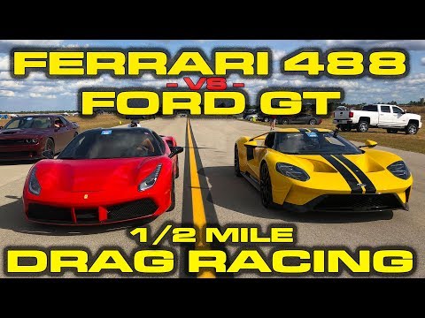 ford-vs-ferrari-*-ford-gt-vs-ferrari-488-drag-racing-down-the-1/2-mile-at-wannagofast