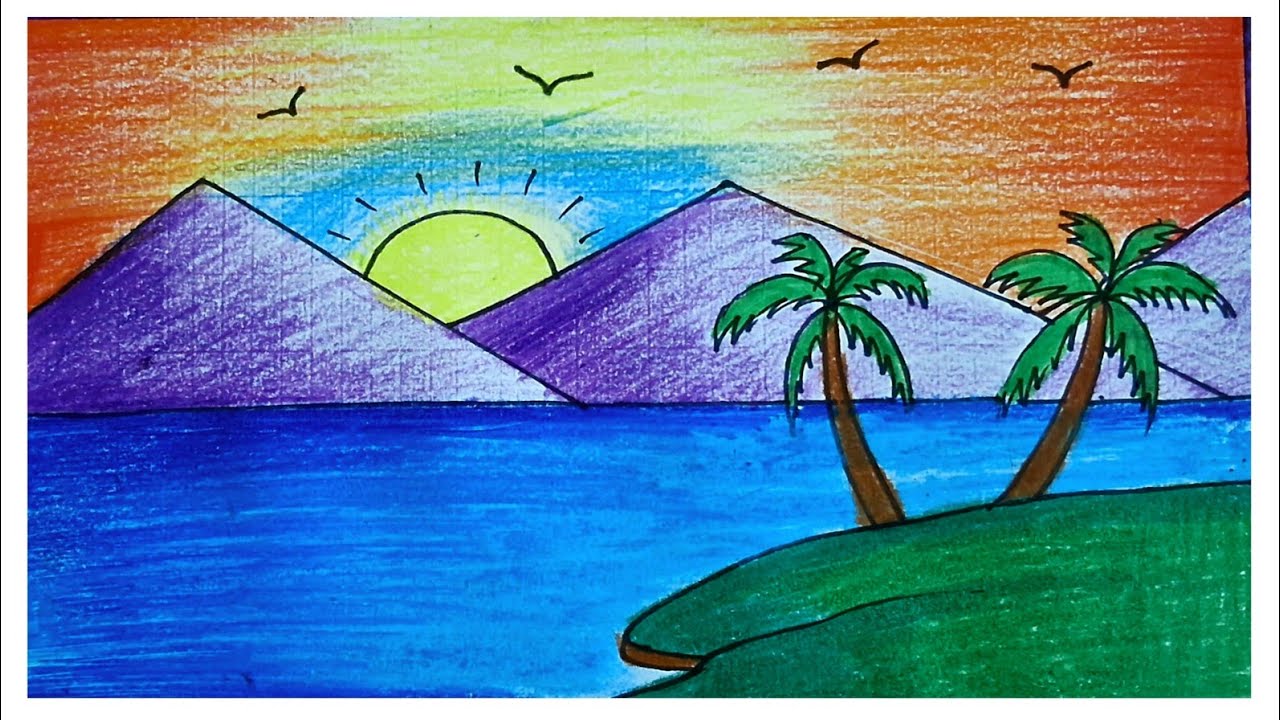 How to Drawing Beautiful Scenery with Mountain, Sea, Beach and sun / Wow Nature Drawing Easy 