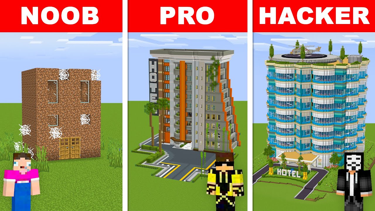 Minecraft HOTEL HOUSE BUILD CHALLENGE NOOB vs PRO vs HACKER