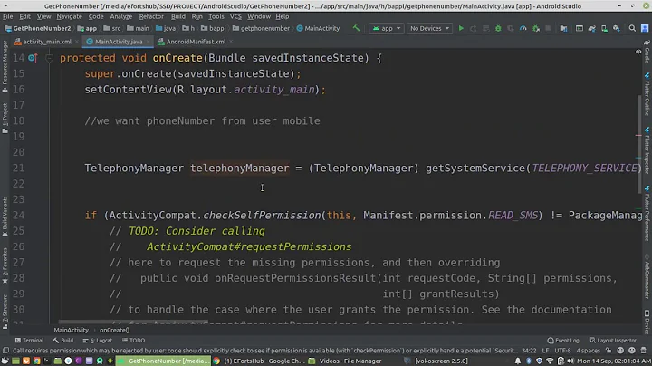 How to get Phone Number using TelephonyManager in Android Studio