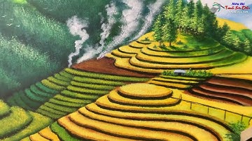 Tranh sơn dầu ruộng bậc thang mùa lúa chín