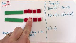 Simplify expressions with the distributive property, with algebra tiles and written algebra