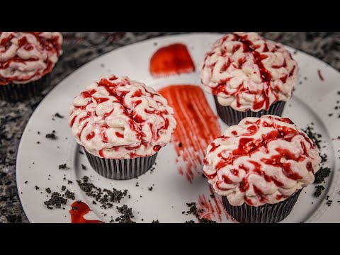 Spooky BRAIN CUPCAKES for Halloween  chocolate cupcakes with cream cheese frosting recipe