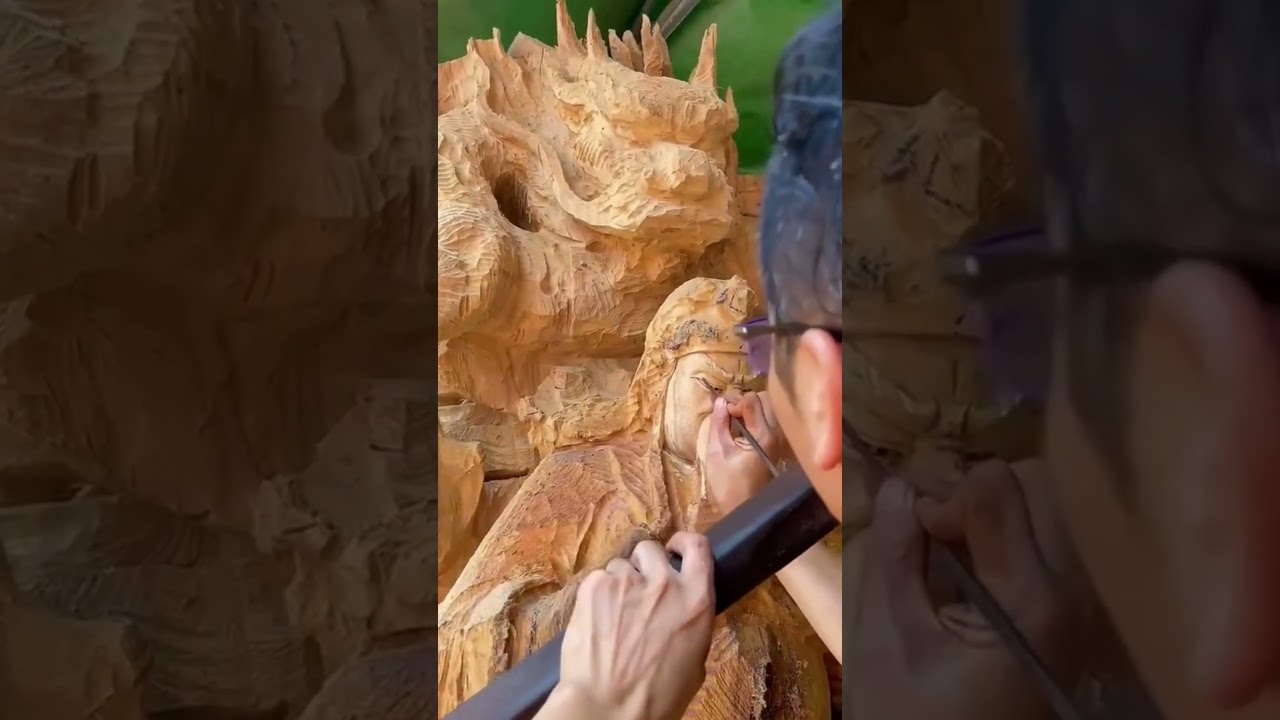 The Majestic Wooden Carving of Chinese Emperor with Dragon 