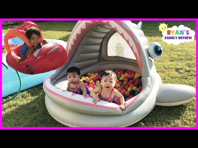 Babies and Kids Family Fun Shark Pool Time with Color Balls! Ryan's Family Review class=