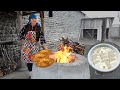 Grandma baked real Tandoor Bread in the Village - Homemade Cheese recipe
