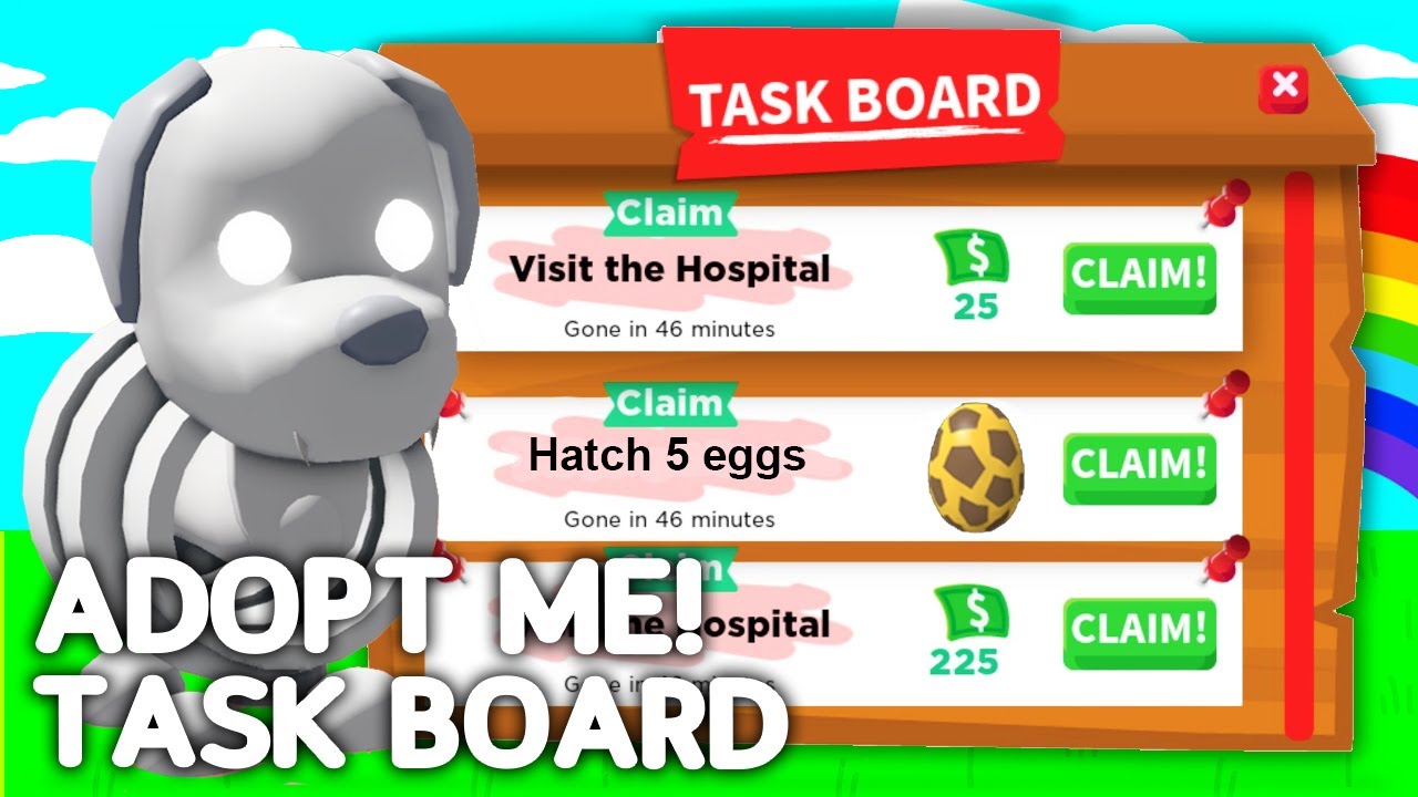 Adopt Me! on X: 📋 Taskboard update! 📋 ✓ Complete new daily tasks for  rewards! 🌈 Exclusive pet and item rewards for completing difficult tasks!  🤠 Play to unlock different tasks! More