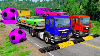 Double Flatbed Trailer Truck vs Speedbumps Train vs Cars | Tractor vs Train Beamng.Drive 012